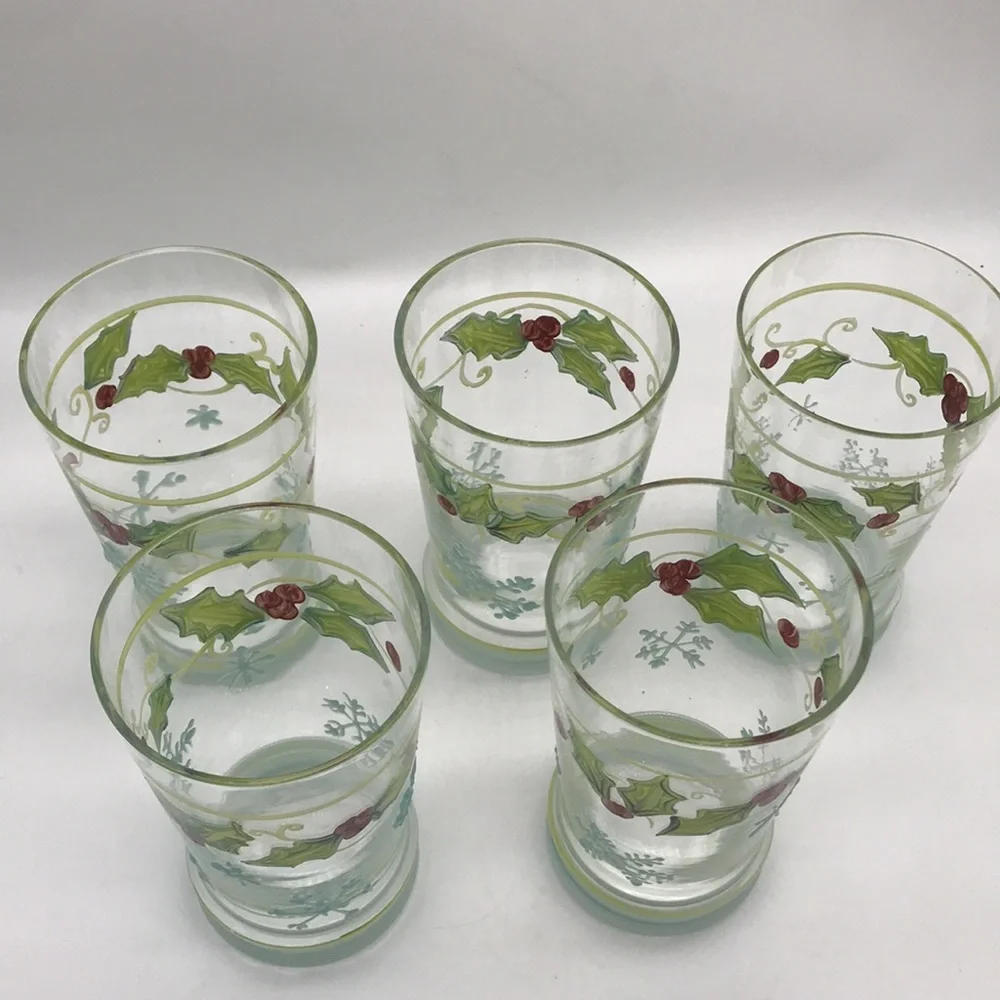Vintage Christmas Painted/Decorated Clear Glass 16 oz. Tumbler’s—Total of 5 - Picture 7 of 9
